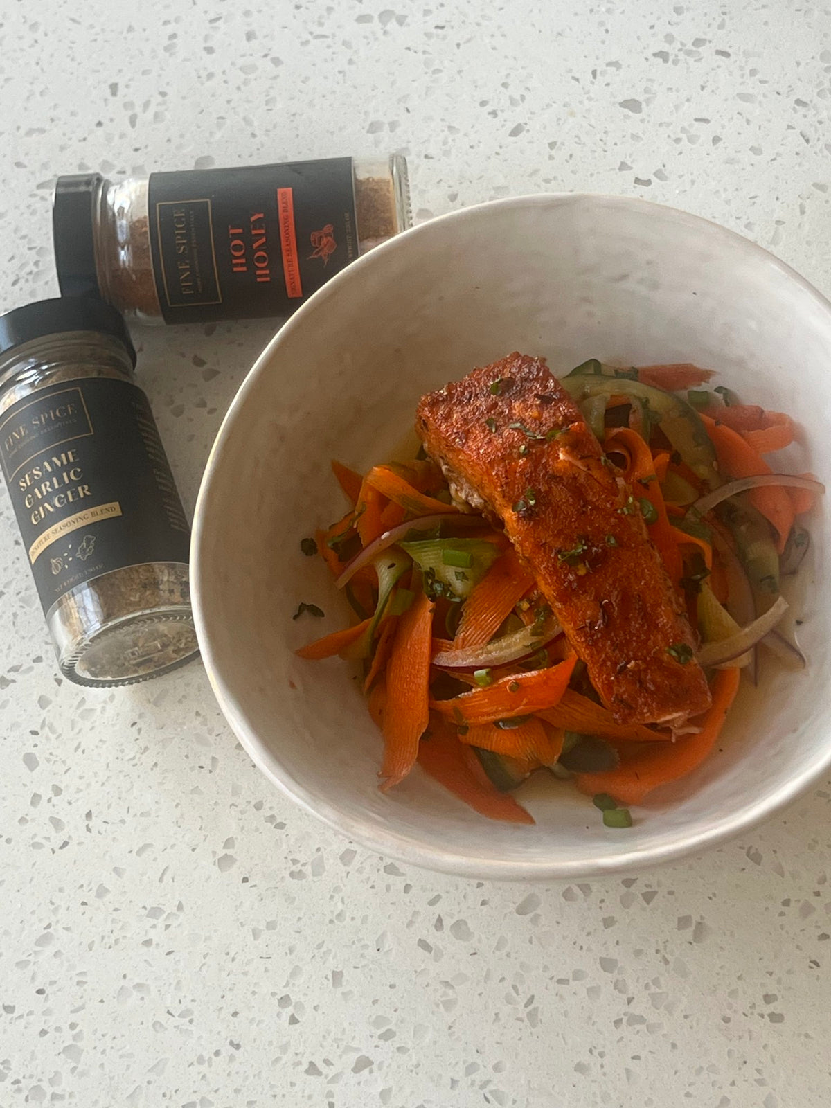 Honey Glazed Salmon with Asian Cucumber Carrot Ribbon Salad
